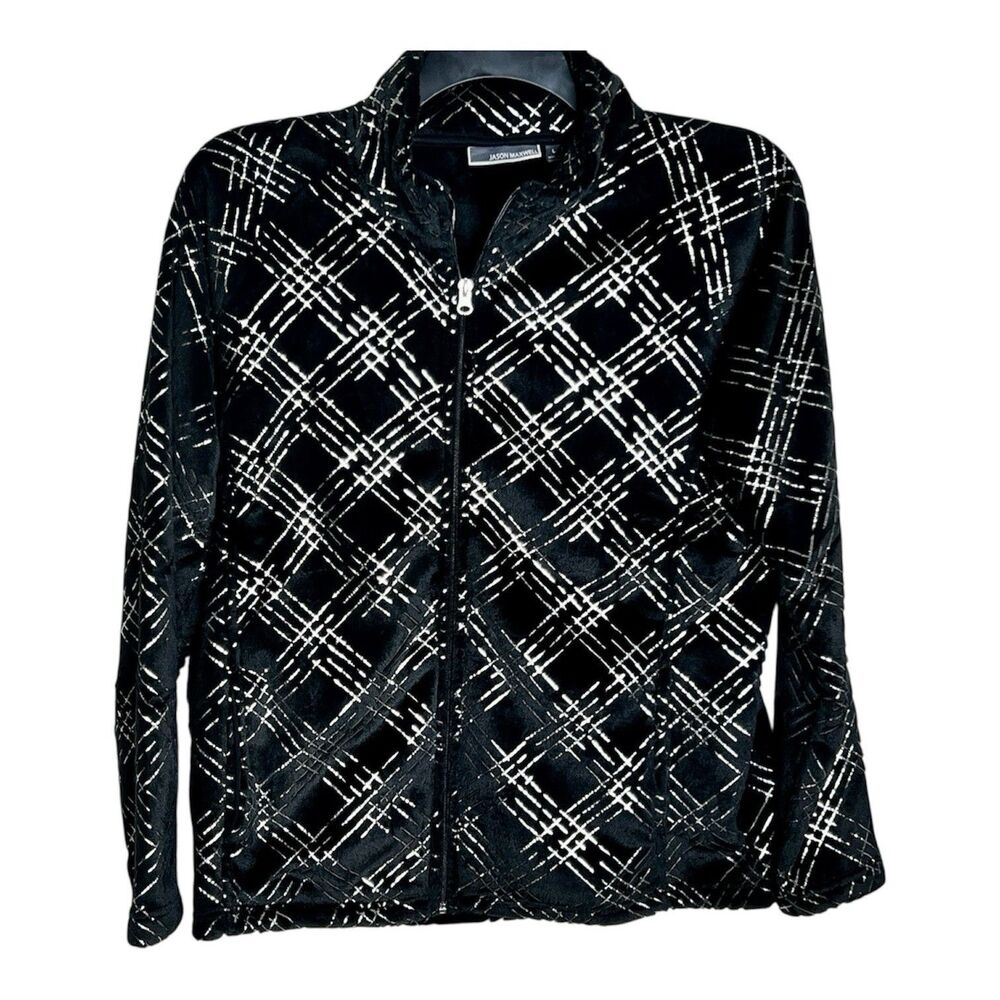 Jason Maxwell Soft Full Zipper Jacket Sz L Black Silver Metallic Geometric Print